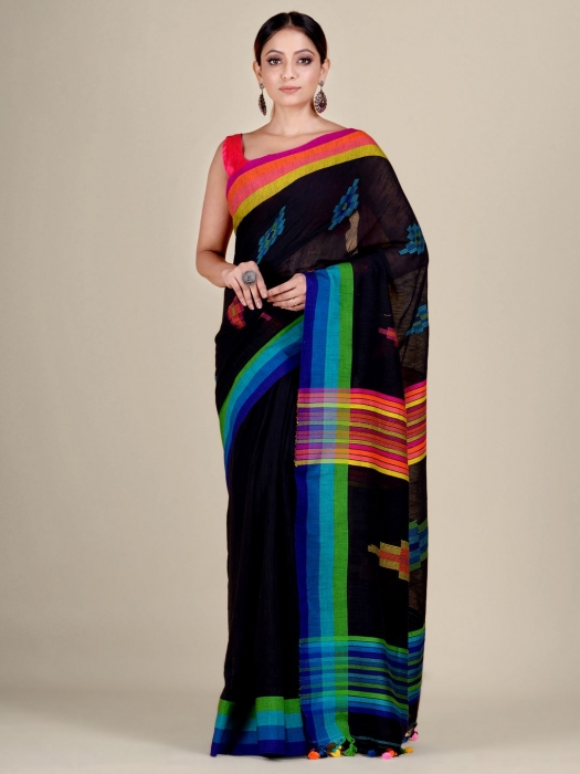 Black And Multicolor handwoven soft Cotton saree