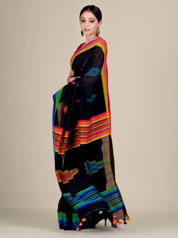 Black And Multicolor handwoven soft Cotton saree 0