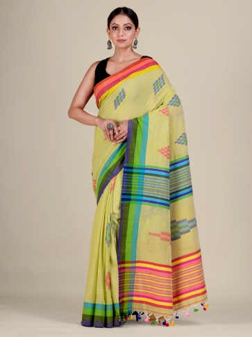 Lime Green And Multicolor handwoven soft Cotton saree