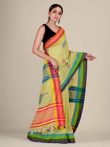 Lime Green And Multicolor handwoven soft Cotton saree 2