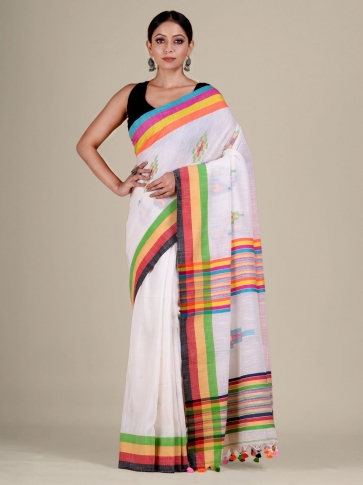 White And Multicolor handwoven soft Cotton saree