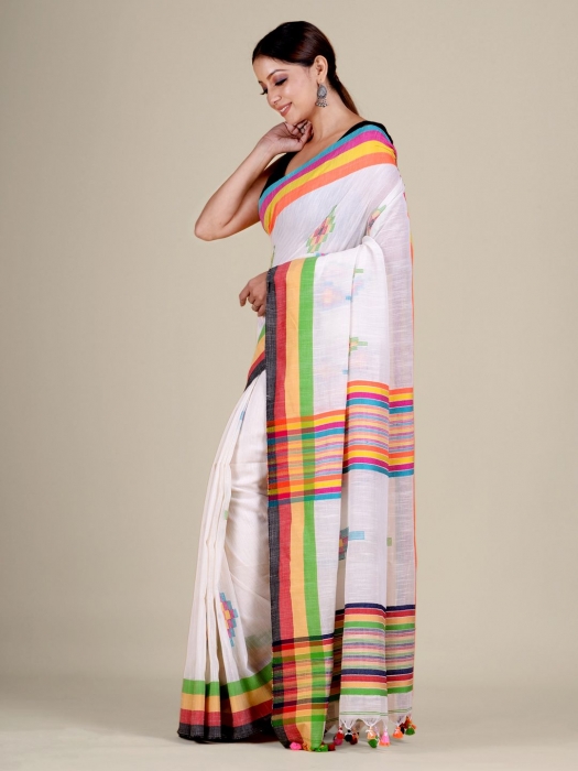 White And Multicolor handwoven soft Cotton saree 2