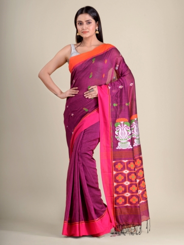 Magenta handwoven soft cotton saree with floral weaving in pallu
