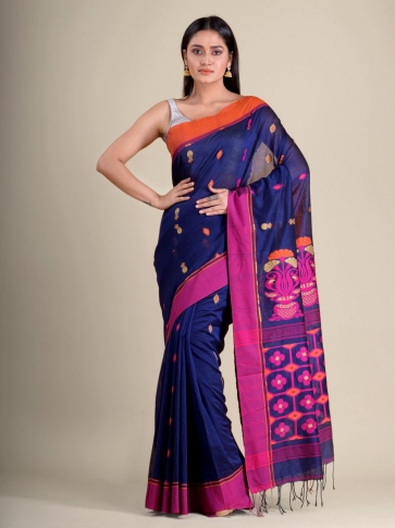 Blue handwoven soft cotton saree with floral weaving in pallu