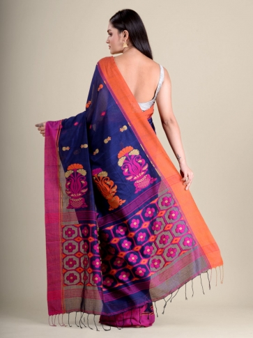 Blue handwoven soft cotton saree with floral weaving in pallu 0