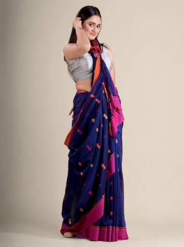 Blue handwoven soft cotton saree with floral weaving in pallu 1