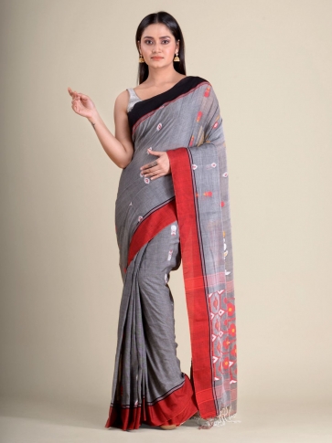 Grey handwoven soft cotton saree with floral weaving in pallu