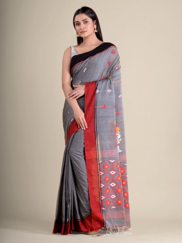 Grey handwoven soft cotton saree with floral weaving in pallu 1