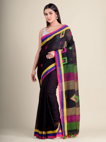 Black handwoven soft cotton saree with geomatric  weaving in pallu