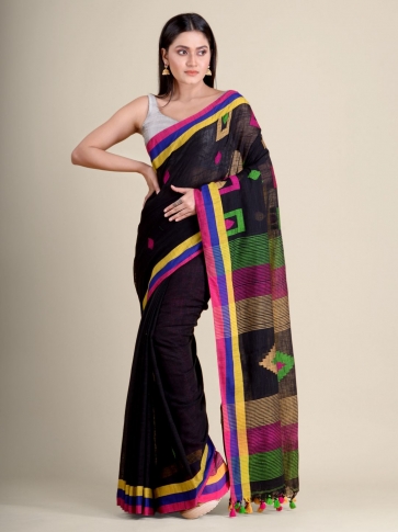 Black handwoven soft cotton saree with geomatric  weaving in pallu 1
