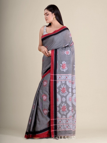Grey handwoven soft cotton saree with floral design 0