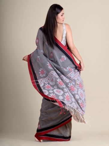 Grey handwoven soft cotton saree with floral design 2