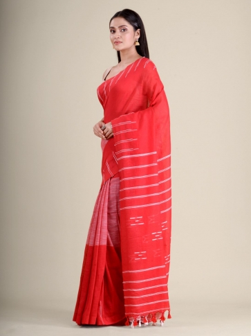 Red handwoven soft cotton saree 0