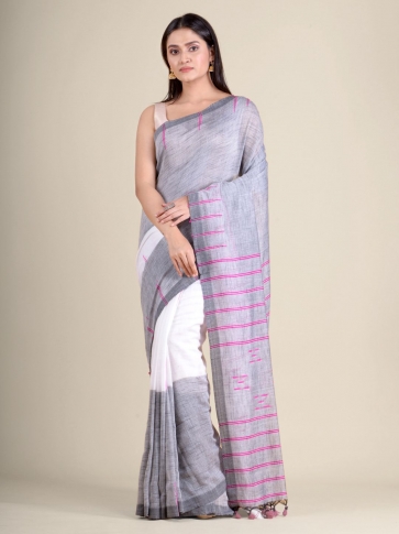 White and Grey handwoven soft cotton saree