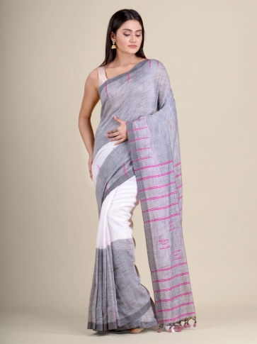 White and Grey handwoven soft cotton saree 0