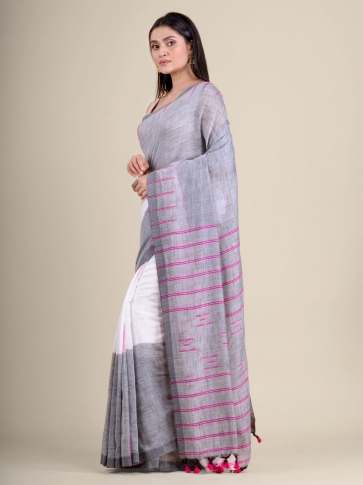 White and Grey handwoven soft cotton saree 1