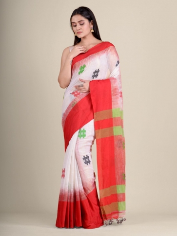 White handwoven soft cotton saree with Red border