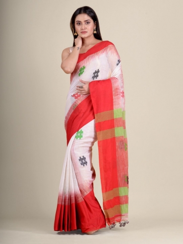White handwoven soft cotton saree with Red border 0