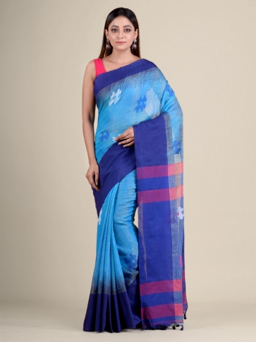 Sky Blue handwoven soft cotton saree with Navy Blue border