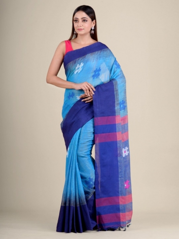 Sky Blue handwoven soft cotton saree with Navy Blue border 1