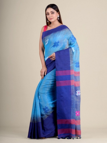 Sky Blue handwoven soft cotton saree with Navy Blue border 2