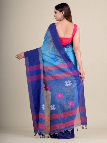 Sky Blue handwoven soft cotton saree with Navy Blue border 0
