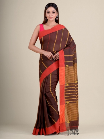Chocolet Brown soft Cotton handwoven saree with Red Border 0