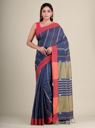 Blue soft Cotton handwoven saree with Red Border
