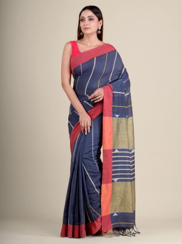 Blue soft Cotton handwoven saree with Red Border 1