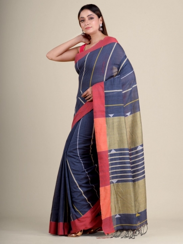 Blue soft Cotton handwoven saree with Red Border 0