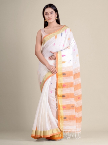 White soft Cotton handwoven saree with Orange pallu 0