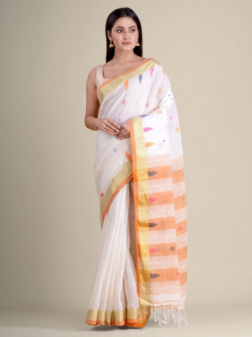 White soft Cotton handwoven saree with Orange pallu