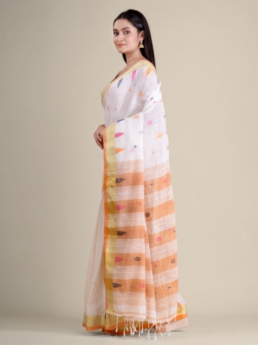 White soft Cotton handwoven saree with Orange pallu 2