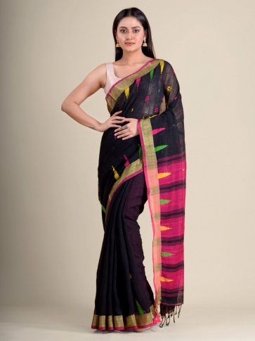 Black handwoven soft cotton saree
