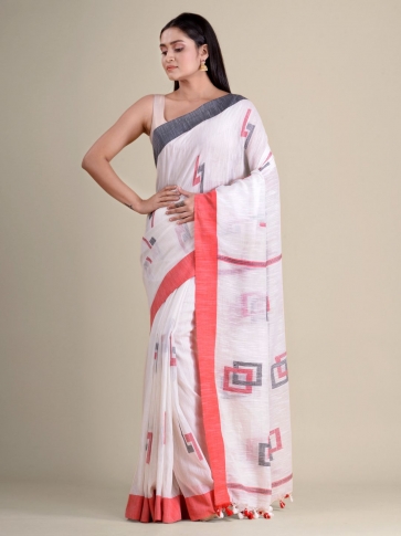 White handwoven soft cotton saree with box motiff