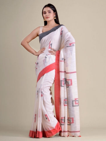 White handwoven soft cotton saree with box motiff 1