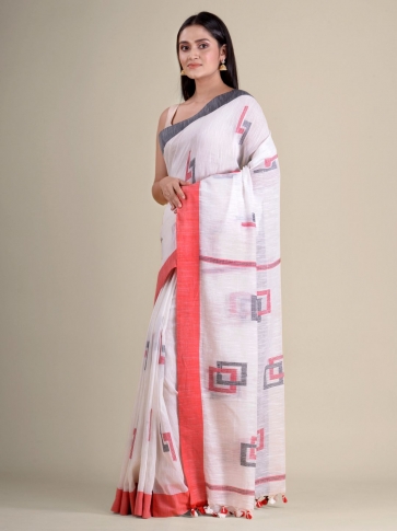 White handwoven soft cotton saree with box motiff 0