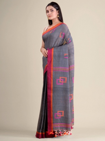 Grey handwoven soft cotton saree with box motiff 0