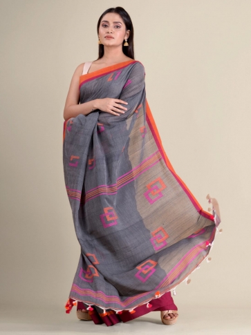 Grey handwoven soft cotton saree with box motiff 1