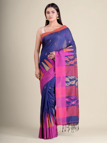 Blue soft Cotton handwoven saree with Pink border 0