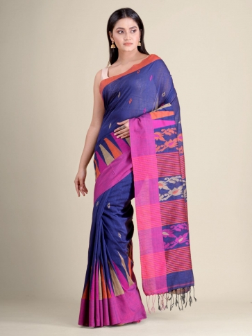 Blue soft Cotton handwoven saree with Pink border 2