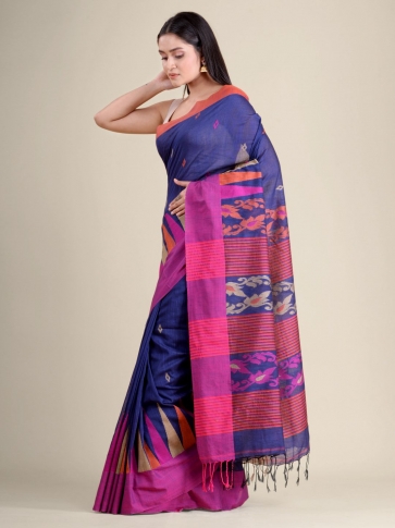 Blue soft Cotton handwoven saree with Pink border 1