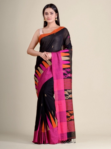 Black soft Cotton handwoven saree with Pink border