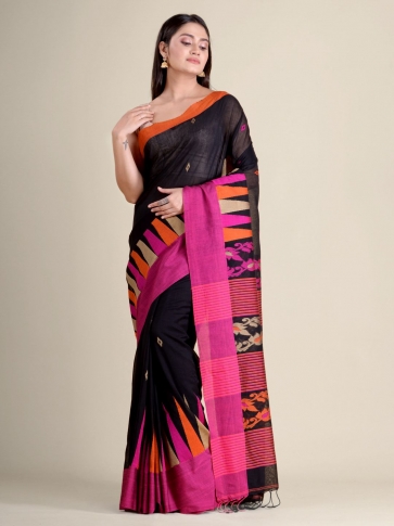 Black soft Cotton handwoven saree with Pink border 0