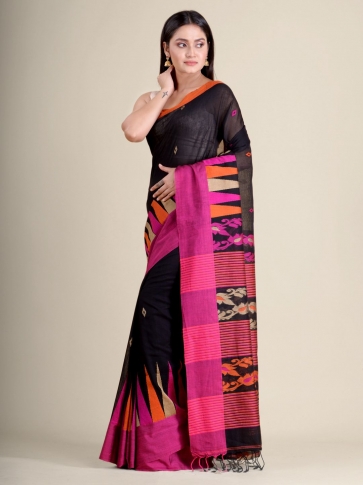 Black soft Cotton handwoven saree with Pink border 2