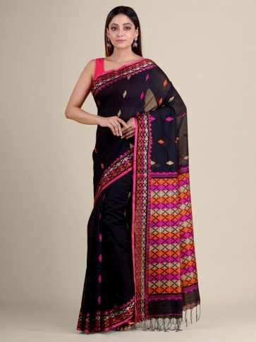 Black soft Cotton handwoven saree with allover buti 0