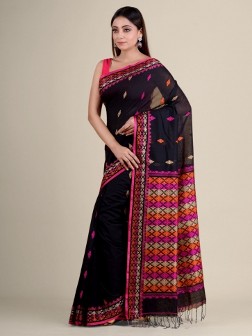 Black soft Cotton handwoven saree with allover buti 1