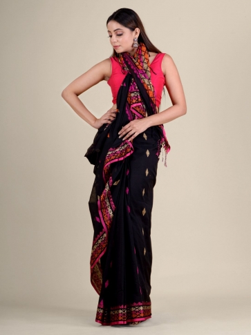 Black soft Cotton handwoven saree with allover buti