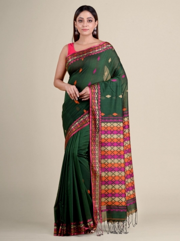 Green soft Cotton handwoven saree with allover buti 0