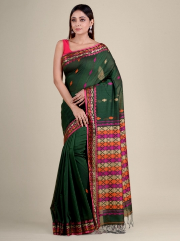 Green soft Cotton handwoven saree with allover buti